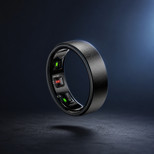 LUNORA Smart Ring in Schwarz, freigestellt vor dunklem Hintergrund