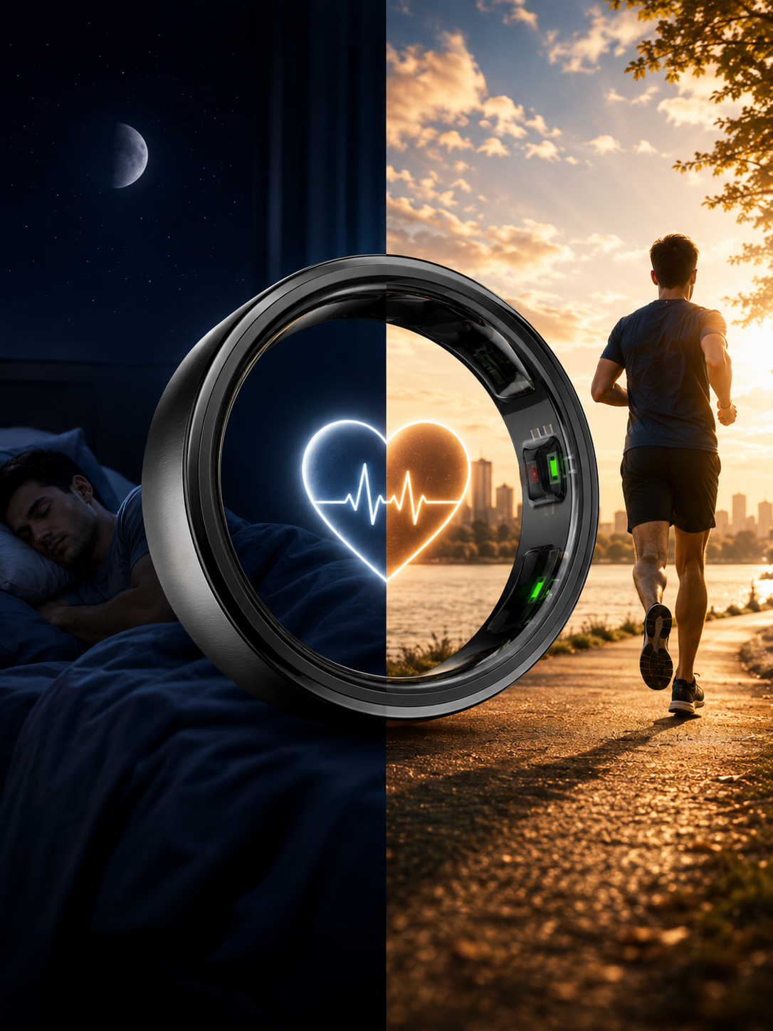 Der LUNORA 9 vor einer geteilten Szene: links eine schlafende Person bei Nacht, rechts eine laufende Person im Sonnenaufgang