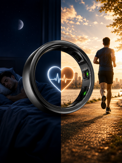 Der LUNORA 9 vor einer geteilten Szene: links eine schlafende Person bei Nacht, rechts eine laufende Person im Sonnenaufgang