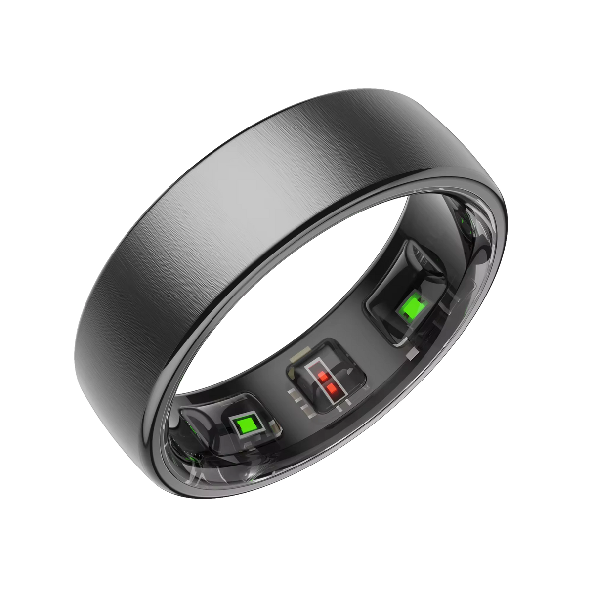 LUNORA 9 Smart Ring in Deep Grey, freigestellt, mit den grünen und roten Sensorfenstern auf der Ringinnenseite