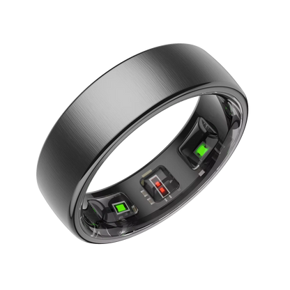 LUNORA 9 Smart Ring in Deep Grey, freigestellt, mit den grünen und roten Sensorfenstern auf der Ringinnenseite