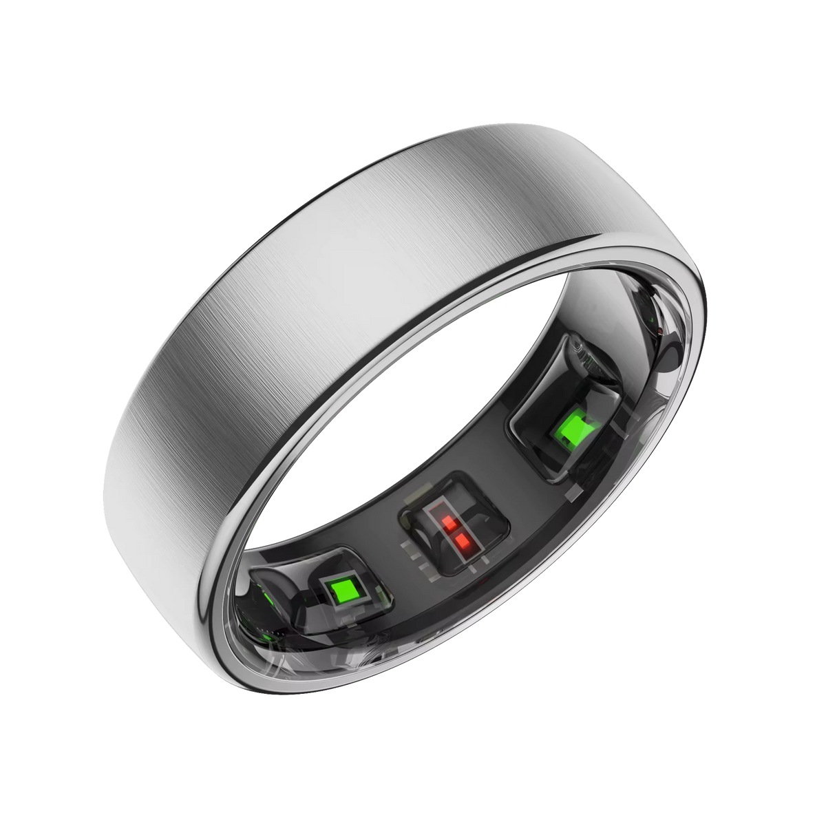 LUNORA 9 Smart Ring in Silber, freigestellt, mit den grünen und roten Sensorfenstern auf der Ringinnenseite